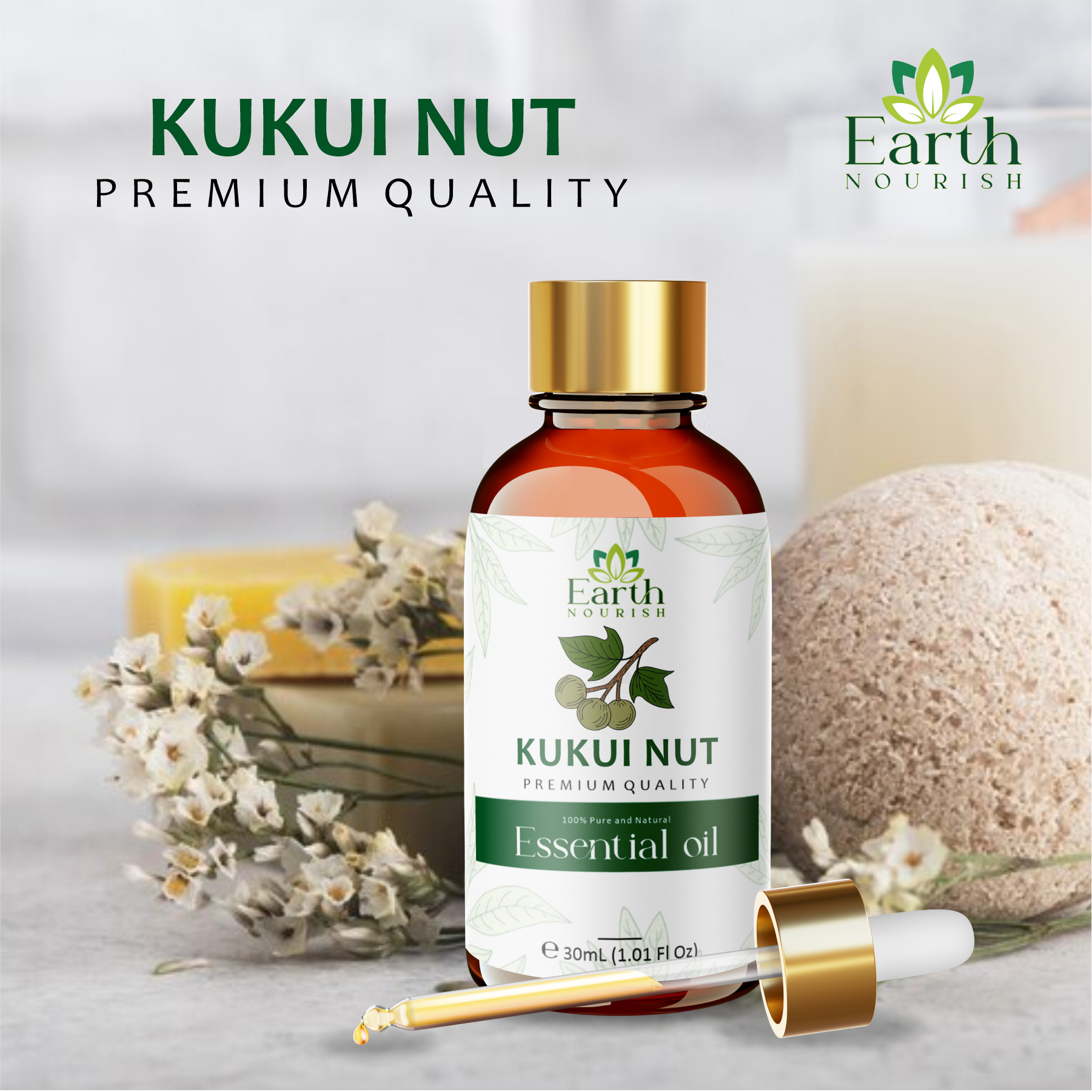Kukui Nut Oil 50ml – Pure & Natural Cold-Pressed Carrier Oil for Deep Hydration & Sun-Exposed Skin | Earth Nourish