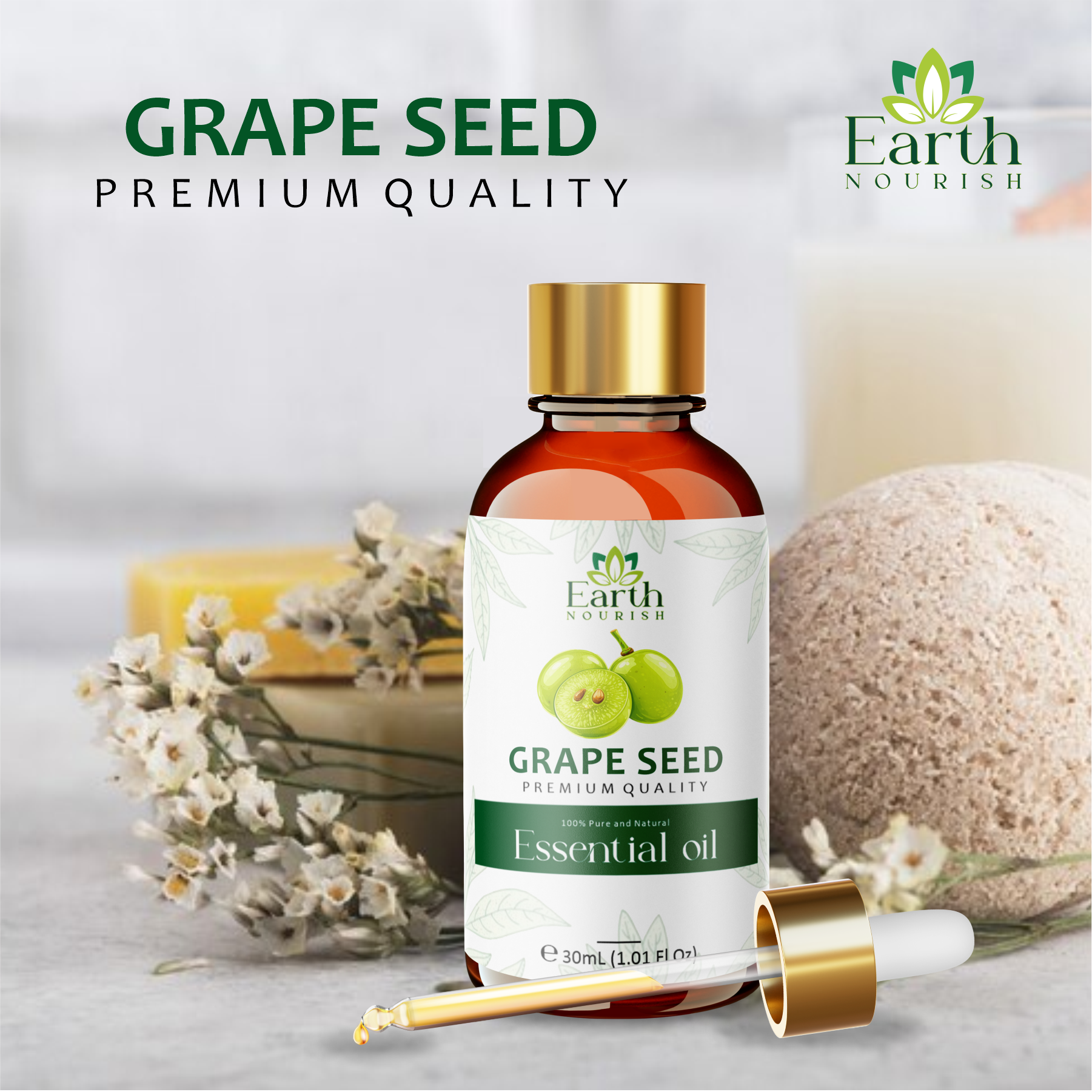 Grape Seed Oil 50ml – Pure & Natural Cold-Pressed Carrier Oil for Light Hydration & Acne-Prone Skin | Earth Nourish