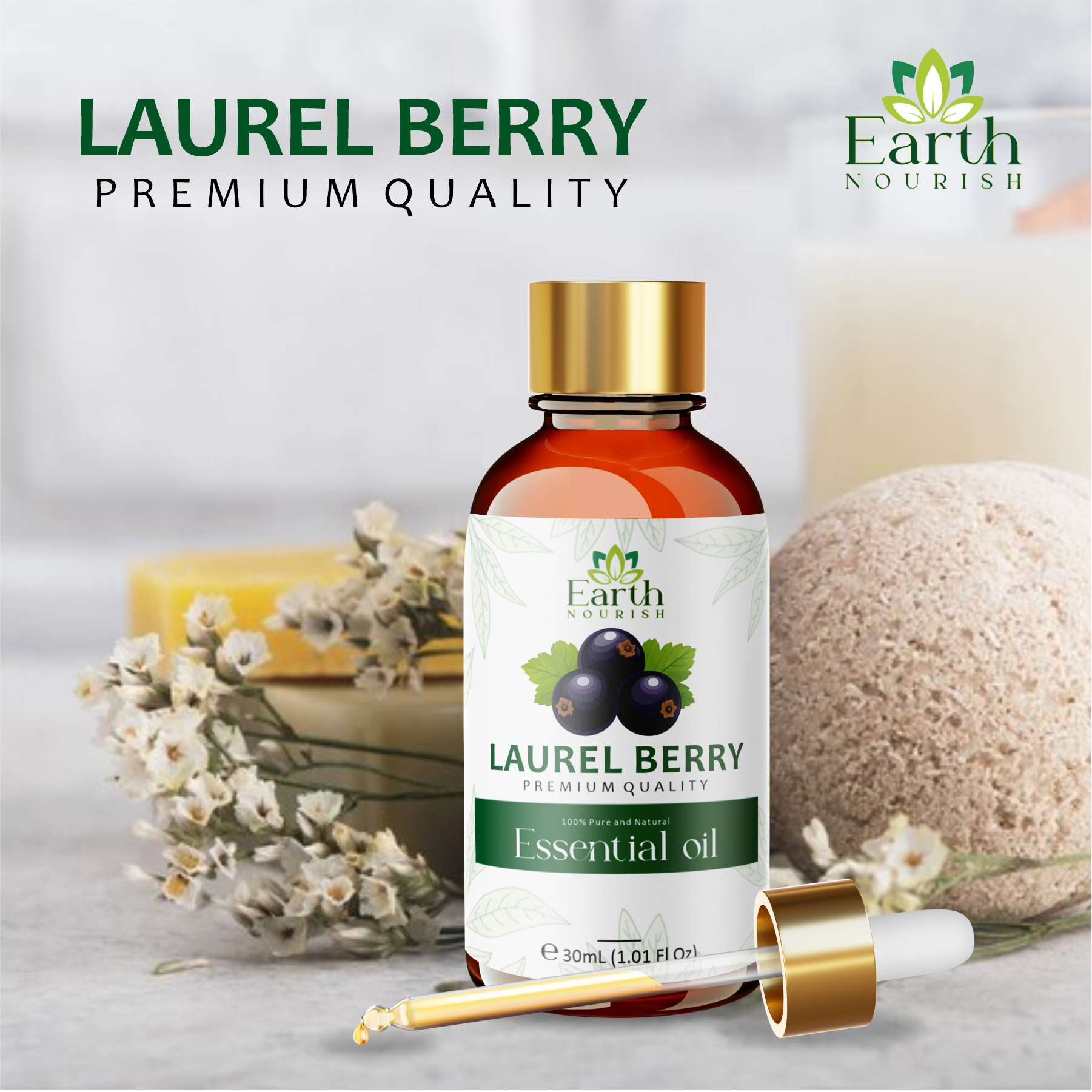 Laurel Berry Oil 50ml – Pure & Natural Cold-Pressed Carrier Oil for Purifying & Soothing Skin | Earth Nourish