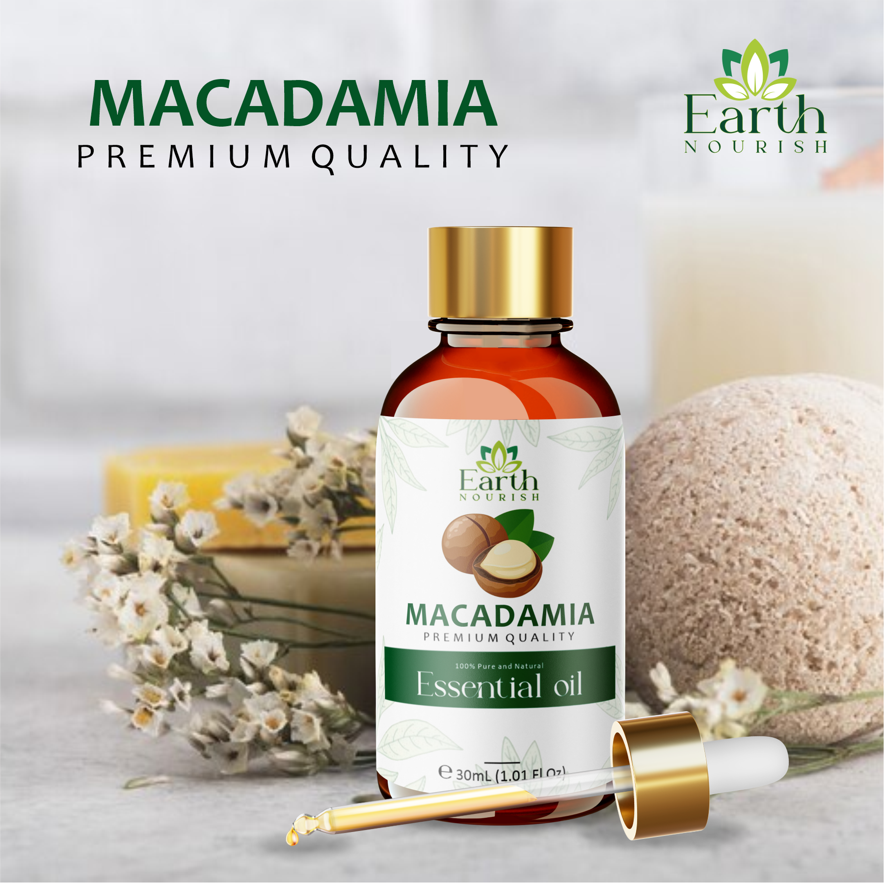 Macadamia Oil 50ml – Pure & Natural Cold-Pressed Carrier Oil for Deep Skin & Hair Hydration | Earth Nourish