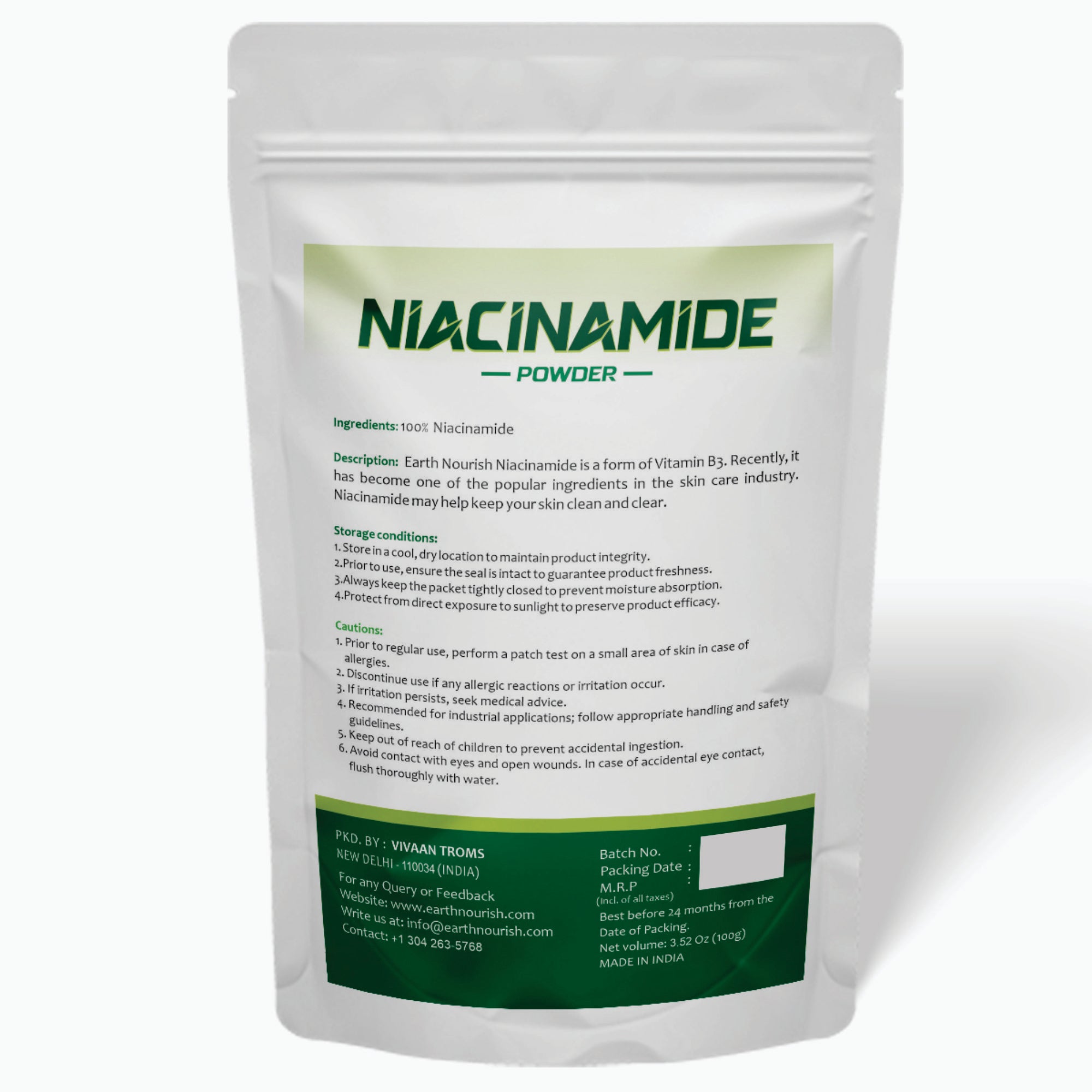 Niacinamide Powder 100g – Cosmetic-Grade Raw Material | Earth Nourish
