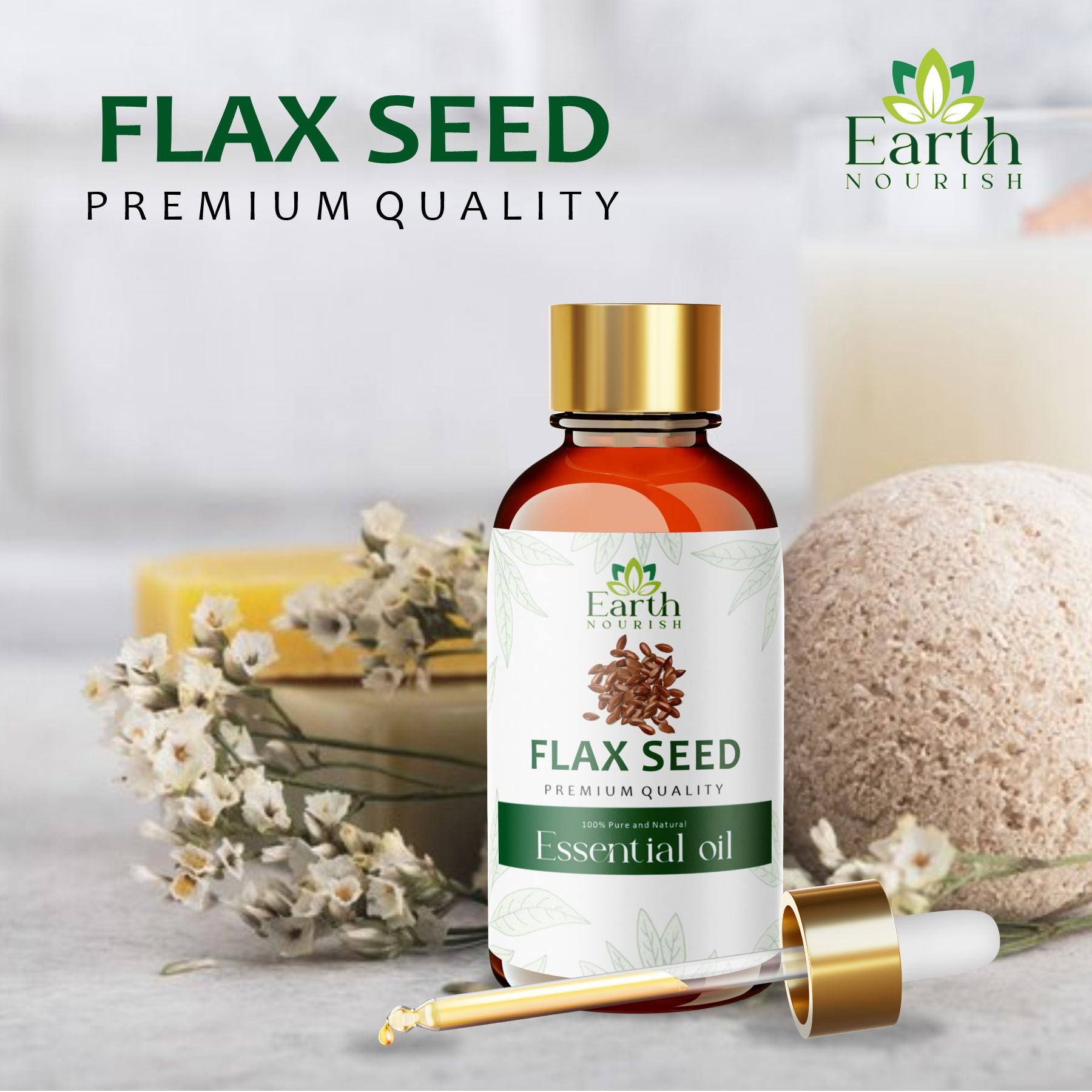 Flaxseed Oil 50ml – Pure & Natural Cold-Pressed Carrier Oil for Skin Hydration & Hair Care | Earth Nourish
