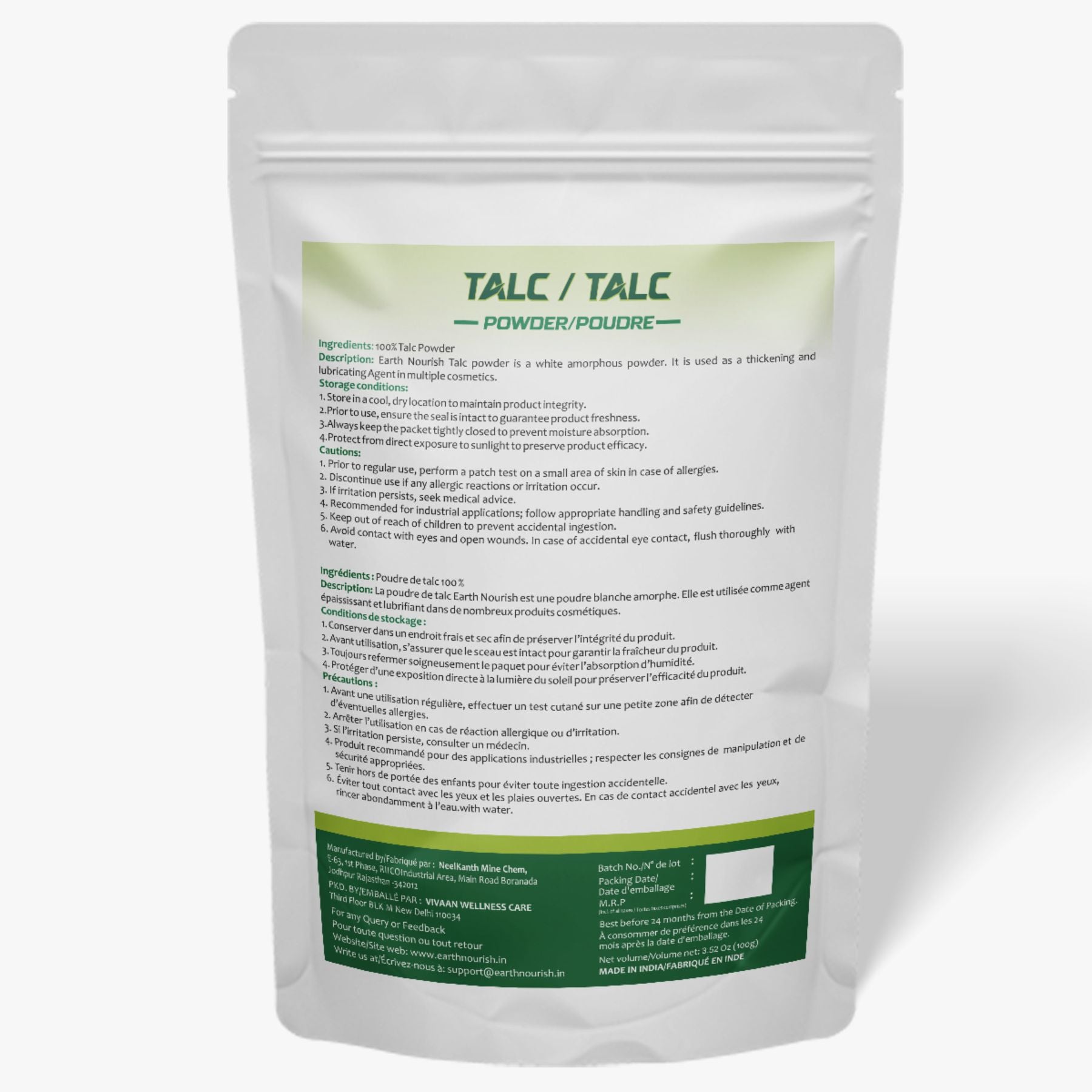 Talc Powder 100g – Cosmetic-Grade Raw Material | Earth Nourish