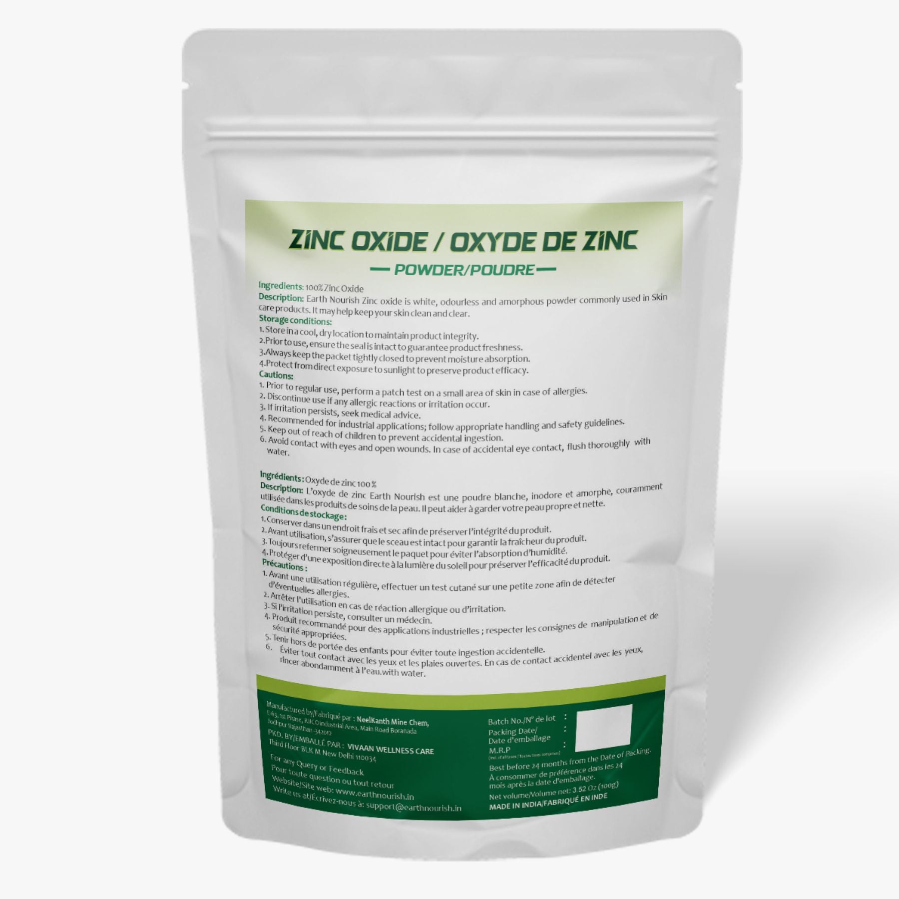 Zinc Oxide Powder 100g – Cosmetic-Grade Raw Material | Earth Nourish